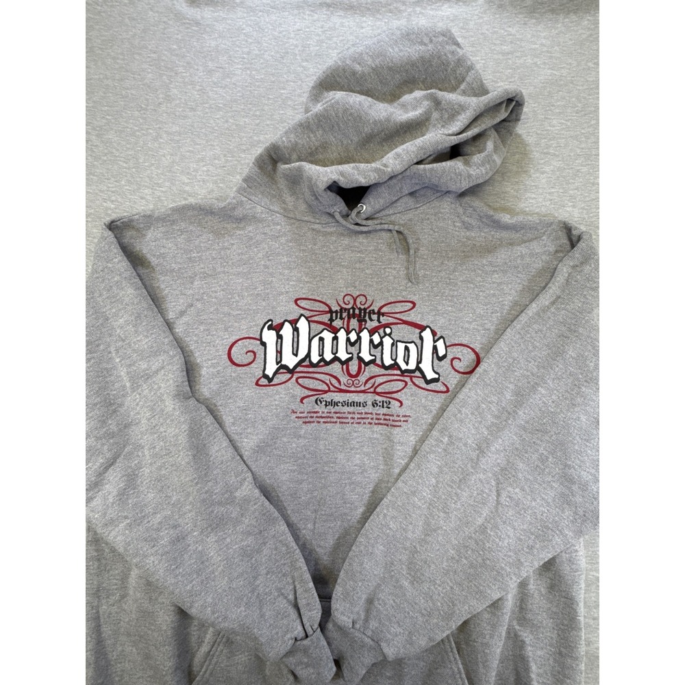 Jerzees Mens‎ Prayer Warrior Ephesians 6:12 Hoodie Gray Pullover Sweatshirt 2XL